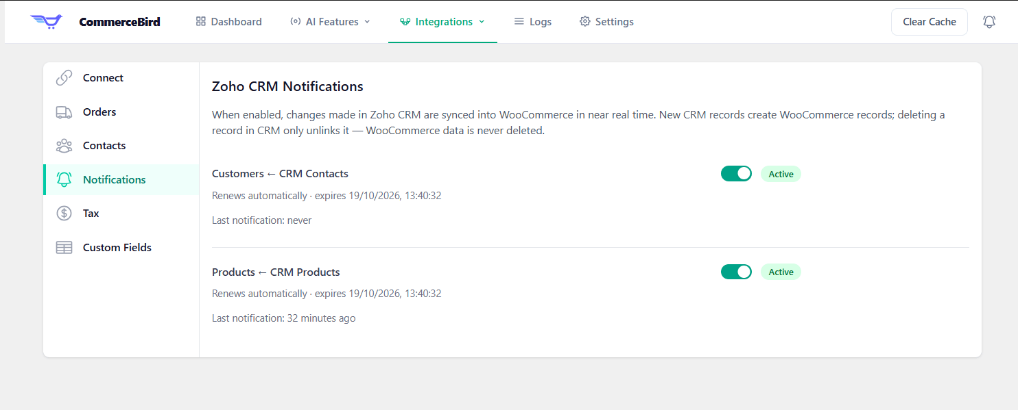 commercebird zoho crm notifications